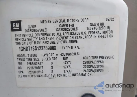 2002 Oldsmobile Bravada из США, поврежденный, VIN 1GHDT13S122389003